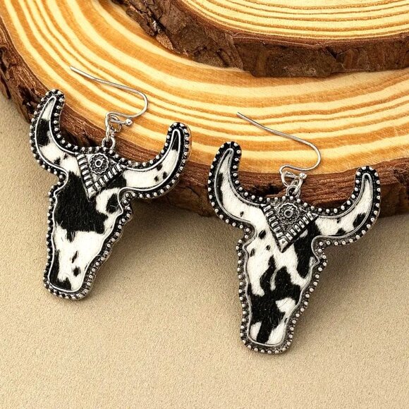 Earrings Cow Bull Steer Faux Cowhide Hair Western Cowboy Rodeo Texas Long Horn - Picture 2 of 3